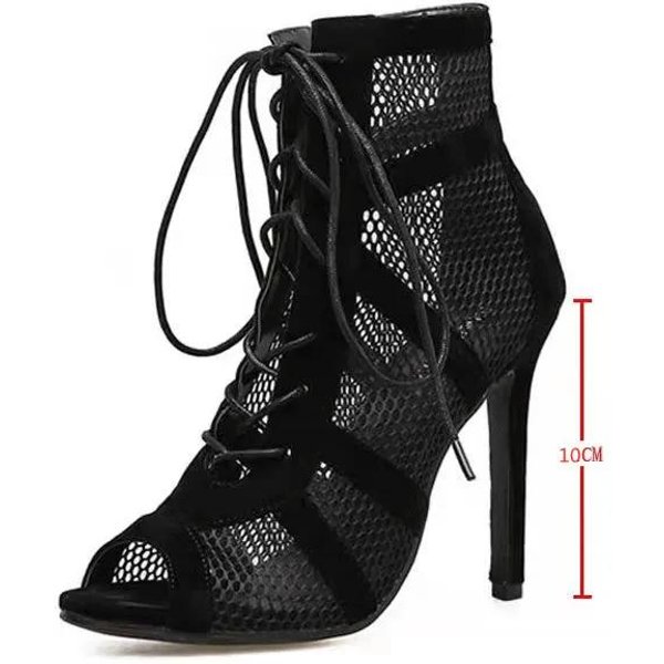 Sandalias De TacóN Alto Sexis De Malla Hueca Para Mujer, Sandalias De Verano Con Punta Abierta Y Tiras Cruzadas, Zapatos De Baile Con Red Negra 35 Black-image