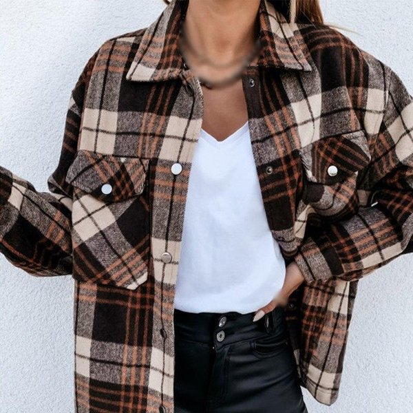 Koszula Damska W Kratę Jesień LuźNa Koszulka Z DłUgim RęKawem Pojedyncze Piersi Kobiece Retro Casual Lady Bluzka M BrąZowy-image