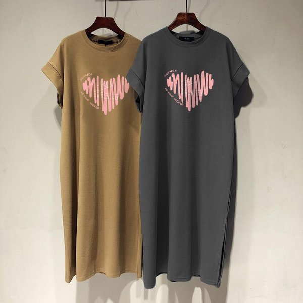 Nueva Camiseta De AlgodóN De Manga Corta Falda Vestido Para Mujer Amor Holgado Casual Talla Grande Manga De Vuelo Vestido Largo L Gris Oscuro-image