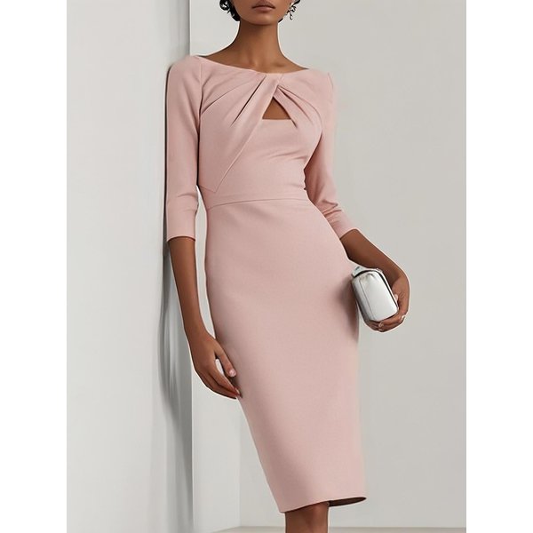 Vestido Midi De Mujer Cuello Barco Manga 3/4 Ajustado Liso Con Corte Fruncido Bodycon Vestido De Fiesta L-image
