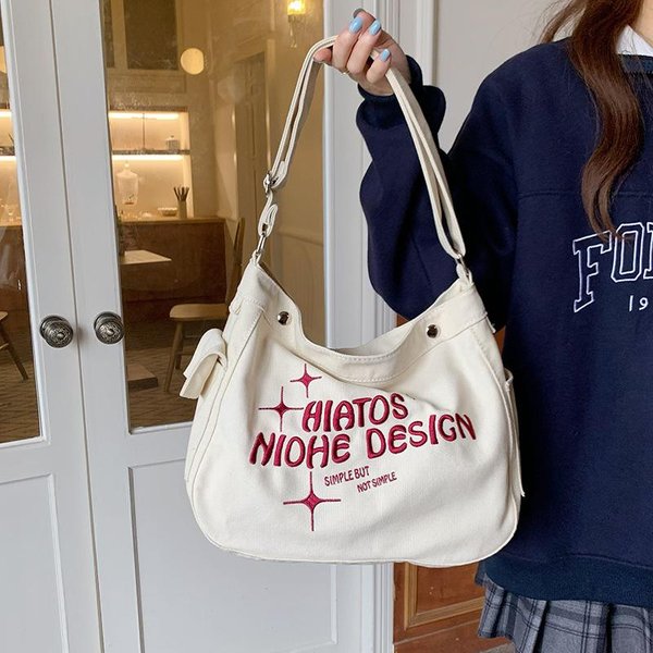 Bolso De Lona Estudiante Universitaria Clase Ins Estilo Perezoso Gran Capacidad Un Hombro Cruzado Nicho Bordado De Letras Bolso Tote-image