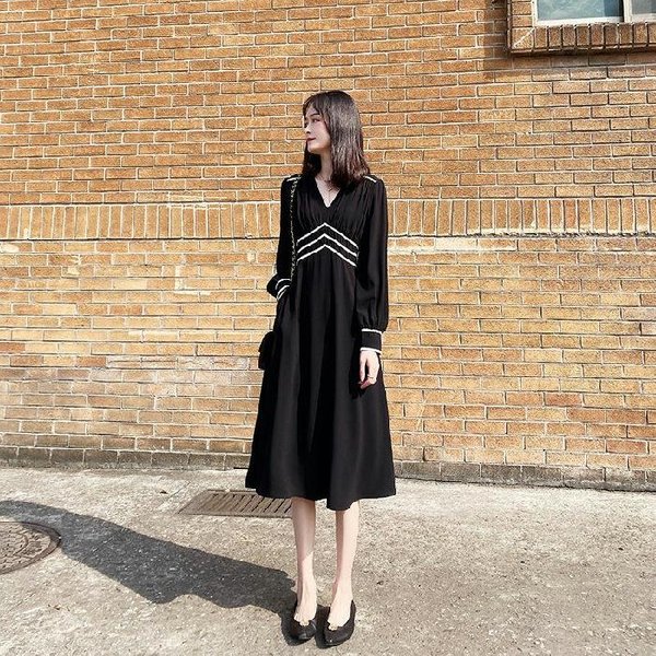 Falda Midi Negra Estilo Hepburn De Primavera Adelgazante De Cintura Falda Negra Vestido Retro FrancéS De Manga Larga Para Mujer 2XL Negro-image