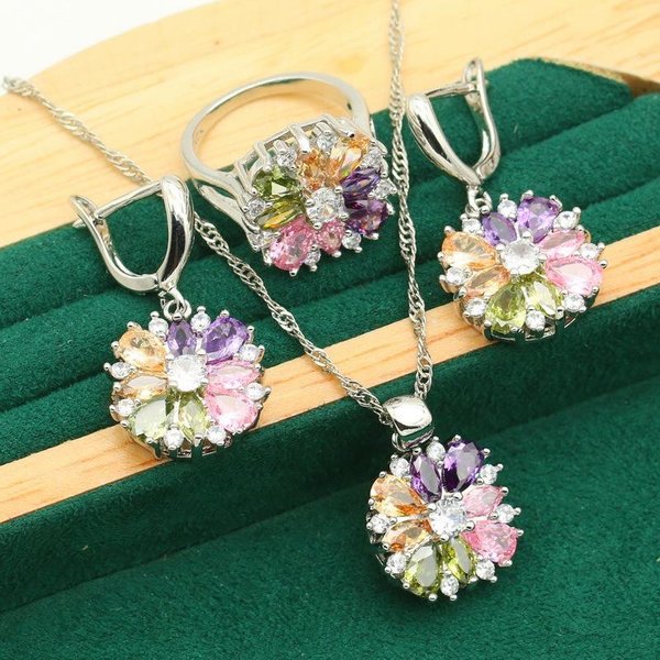 JoyeríA Europea Y L Luz De Lujo Flores De Colores Circonita Incrustada Collar Pendientes Conjunto De JoyeríA Para Dama Size 10 Gray-image