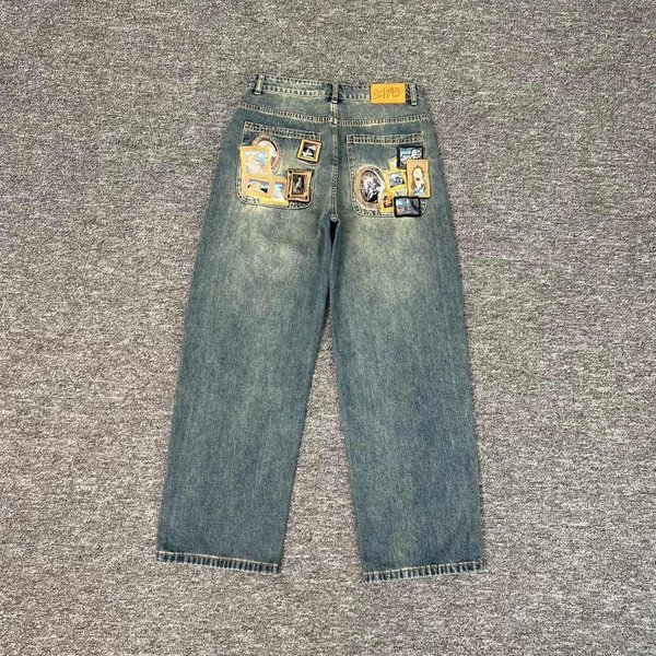 Wysokiej JakośCi Jeansy Y2K Harajuku Goth Vintage WzóR Haftu Kwiat ŚLiwy Szerokie Nogawki Tkanina DżInsowa AmerykańSki Styl Street Wear Unisex 30 Gray-image