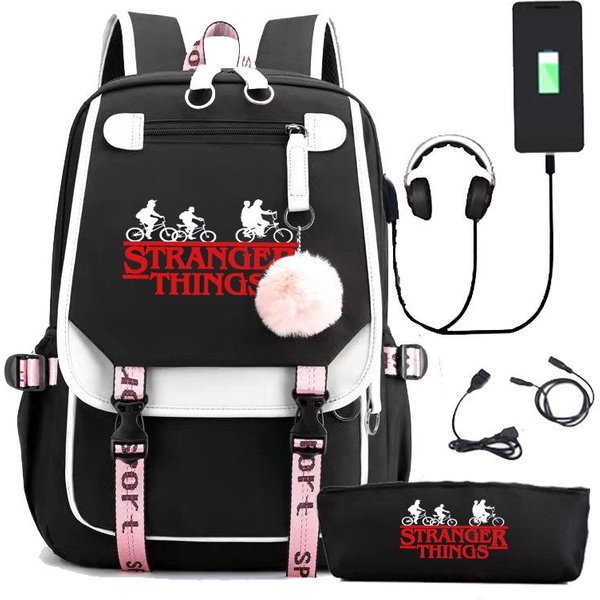 Mochila Stranger Things Stranger Con Carga USB Para Estudiante De Secundaria Bolso Escolar Estuche Dos Piezas One Size Fits All-image