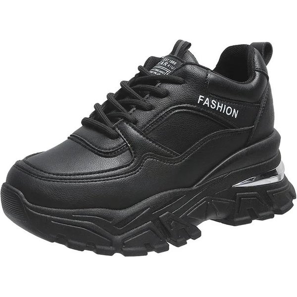Zapatillas Chunky De Plataforma Blancas De Moda Para Mujer Para Aumentar La Altura Zapatos Deportivos Para Mujer De Cuero PU Suela Gruesa Zapatos Vulcanizados 36 Negro-image