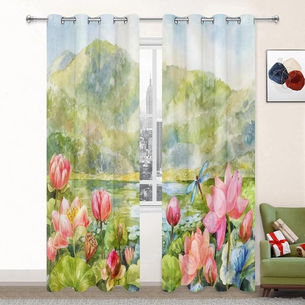 Cortinas Lotus De Alto Sombreo Para Sala De Estar Paisaje Opacas Cortina De Ventana Para El Dormitorio EstéTica Cortina Escenario De HabitacióN Nueva W55 X H120Cm X 2&Grommet Top-image