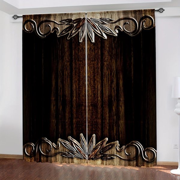 2 Szt. ZasłOny Z Wzorem Drewnianych Drzwi Dekoracyjne Draperie Okienne, Dekoracje Okienne Do Sypialni, Salonu, Dekoracja Domu, WystróJ Pokoju 150W166H(Cm)59X65In&Grommet Top-image