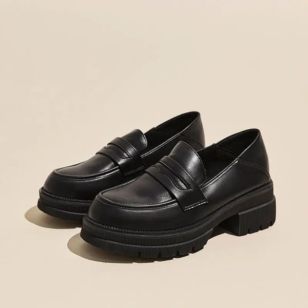 Mocasines De Suela Gruesa Estilo Vintage Para Mujer Zapatos De Primavera/OtoñO TacóN Grueso Cuero Suave Zapatos Individuales 38 Negro-image