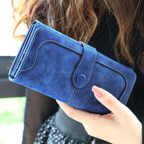 Billetera Larga Elegante Vintage Para Mujer Con MúLtiples Ranuras Para Tarjetas Cuero PU Linda VersáTil Doble Pliegue Cuero Suave Tarjeta De CréDito Billetera Cero Azul-image