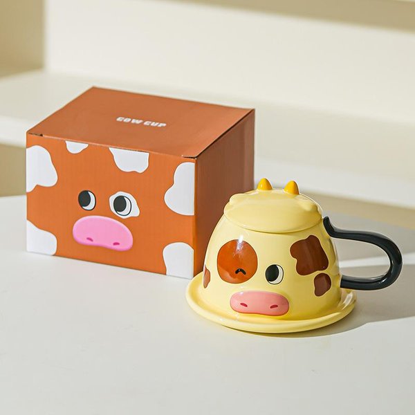 Taza De Agua Creativa Linda De Dibujos Animados Pareja De Vacas Tridimensionales Taza De CeráMica Con Tapa MuñEco Mascota Linda Taza De Café 301-400Ml Beige-image