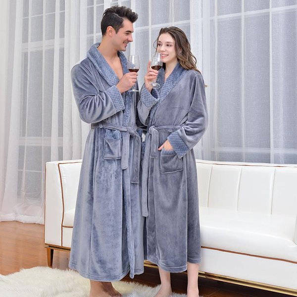 Nueva Bata De Invierno Gruesa Para Parejas, Pijamas, Bata De BañO De Franela Multicolor, Absorbente, CáLida, Suave Y CóModa 3XL Gris-image