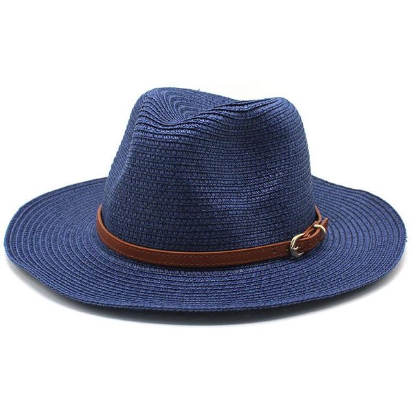 56-58CM Nuevo Sombrero De Paja Natural Panamá De Forma Suave Verano Mujeres/Hombres Ala Ancha Gorra De Sol De Playa ProteccióN UV Sombrero Fedora Azul-image