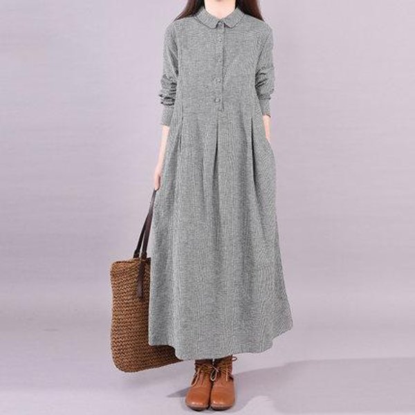 Damska Kratkowana DłUga Sukienka Z OkrąGłYm Dekoltem I DłUgim RęKawem, LuźNa, Plus Size, Vintage, Casualowa, Maxi, Na Wiosnę I Jesień, Dopasowana XL-image