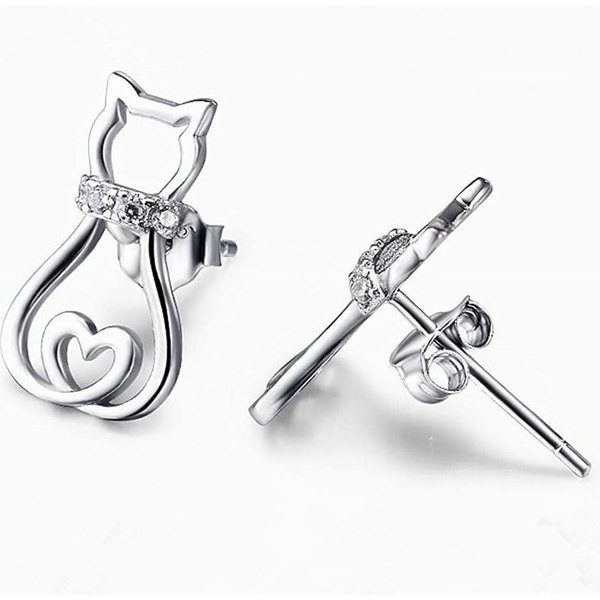 Pendientes De Gato Encantadores Huitan Para Mujer DiseñO Hueco Pendientes De BotóN Animales Minimalistas Con Piedra CZ Brillante JoyeríA De DeclaracióN Nuevo Gray-image