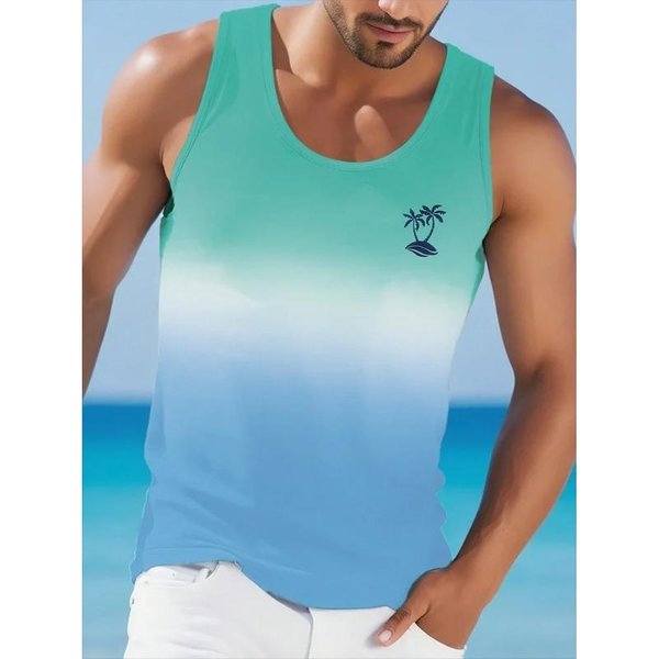 Verano Cuello Redondo 3D Degradado Palmera Estampado Top Moda Casual Estilo Hawaiano Chaleco Sin Mangas Camisetas De Hombre 2XL-image