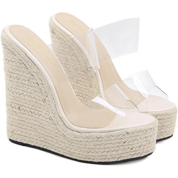 Verano PVC Transparente Peep Toe CañA Tejido De Paja Plataforma CuñAs Zapatillas Sandalias Mujer Moda Tacones Altos Zapatos Femeninos 41-image