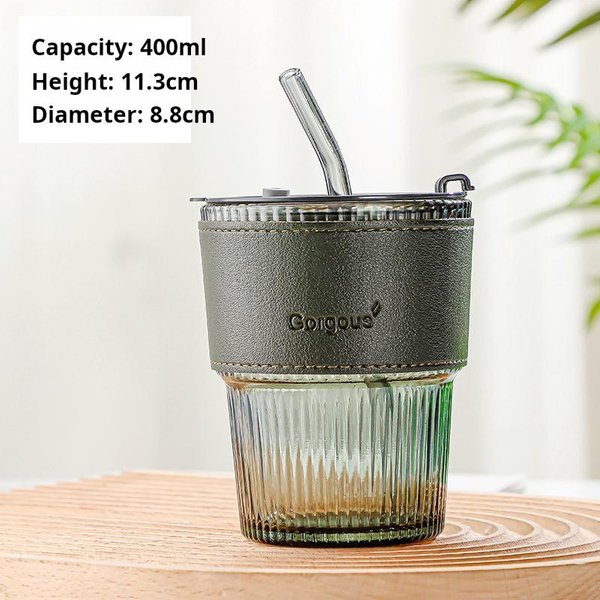 Vaso De Vidrio Rayado De 400Ml Vasos Transparentes Con Tapa Y Pajita Taza Para Café Helado Taza De Té Vaso Para Jugo Vaso Para Leche Agua CristaleríA 400Ml-image