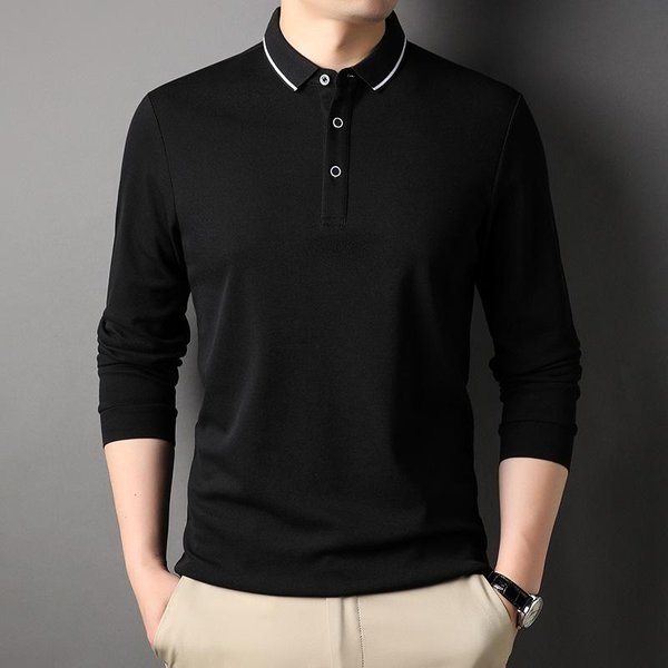 Camiseta De Manga Larga De Color SóLido Para Primavera Y OtoñO Para Hombre Nueva Camisa Polo Holgada Con Cuello Polo Xxxl Black-image