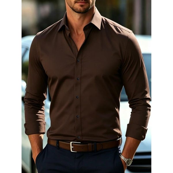 Camisa De Oficina Para Hombre De Manga Larga Holgada De Color SóLido Xxxl-image