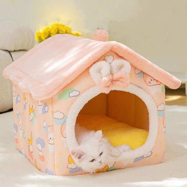 Cama Plegable Para Gatos Casa Para Perros Mascotas Invierno Villa Para Gatos Perrera Para Dormir Nido CáLido Removible Tiendas De CampañA Enclosed Cueva Sofá Suministros Para Mascotas S(30X36X31Cm)-image