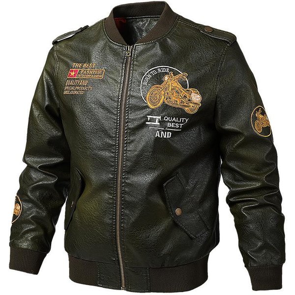 Nowa MęSka Kurtka SkóRzana PU Na Wiosnę I Jesień, Casualowa Kurtka Motocyklowa BaseballóWka 5XL Zielony-image