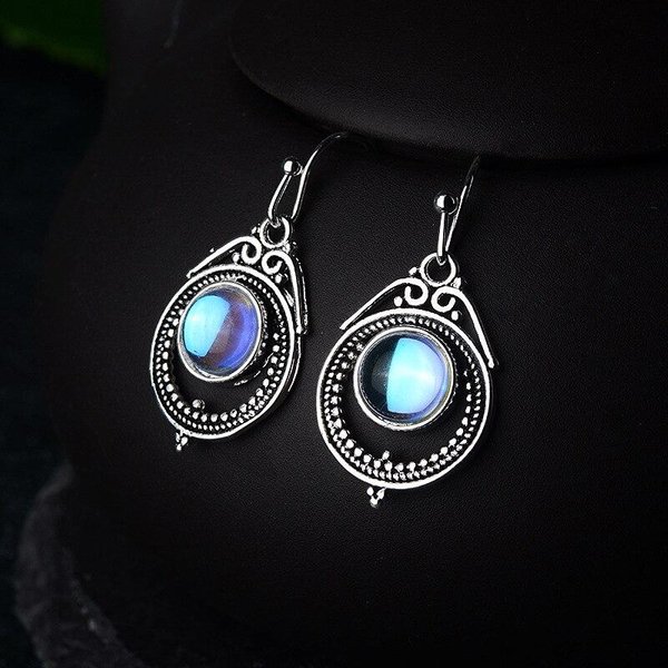 925 Sterling Silver Tassel Moonstone Vintage Drop Kolczyk Dla Kobiet DziewczęTa Wedding Party Elegancka BiżUteria Black-image