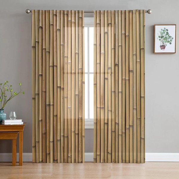 Cortinas Transparentes De Color Verde Bosque De Bambú, Cortinas De Tul Para Ventana De SalóN, Dormitorio, Cocina, DecoracióN Del Hogar, Cortinas De Gasa W135 X H115Cm X1&Rod Pocket-image