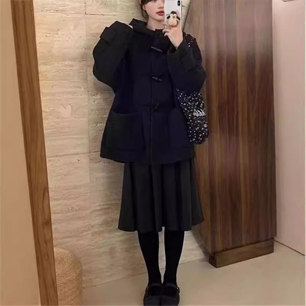 Abrigo De Lana Doble Cara Para Mujer En OtoñO E Invierno Nuevo Abrigo De Lana Con Capucha De DiseñO De Cuerno Universitario Para Personas Bajas M Black-image