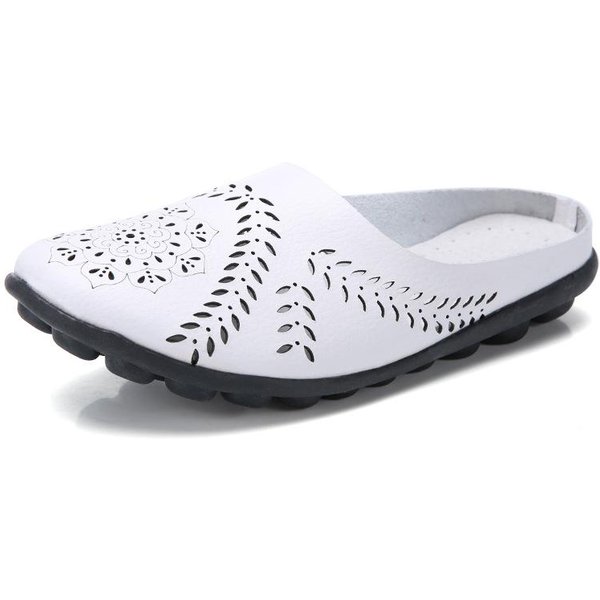 Letnie Oryginalne SkóRzane Damskie Mieszkania Hollow Slip On SkóRzane Mokasyny Damskie Buty MięKkie Pół Kapcie 35 BiałY-image