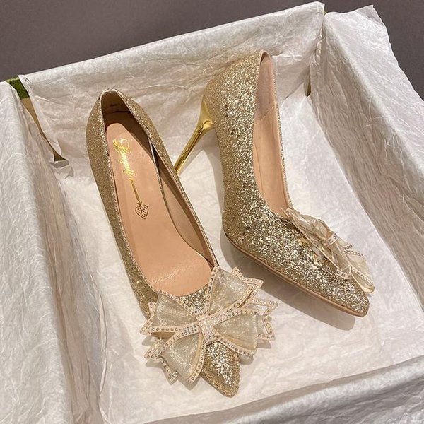 KryształOwe Kokardki Damskie BłYszcząCe Cekiny Cienkie Obcasy Buty śLubne Damskie Szpiczaste Palce Wsuwane 9Cm Wysokie Obcasy Buty 39 Beige-image