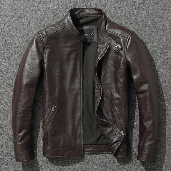 Chaqueta De Cuero De Vacuno De Primera Capa Corte Slim Cuello Mao Chaqueta De Cuero Biker Para Hombre Cuero De Vacuno Suave Chaqueta Talla Grande Europea Y Americana Retro S Black-image