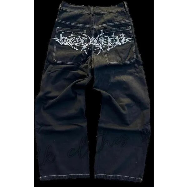 Roguewave Streetwear Jeansy Y2K Retro Hip Hop Haftowane LuźNe Jeansy Retro Czarne Spodnie MęSkie Damskie Nowe Spodnie Z Wysokim Stanem I Szerokimi Nogawkami XL Czarny-image