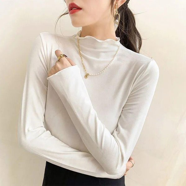 Camiseta Base De Terciopelo AlemáN De Cuello Alto Para Mujer Con Nuevo OtoñO E Invierno De Manga Larga, Orejas Negras Con Top Grueso De Estudiante A La Moda XL Beige-image