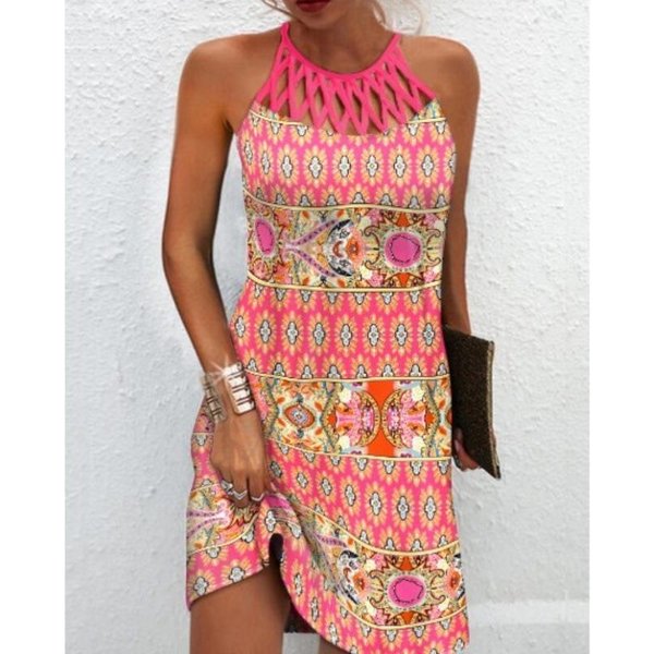 Vezfaa Vestidos Casuales De Moda Para Mujer Verano Primavera Estampado De PatróN De Flores Sin Mangas Cuello Colgante Cintura Media S-image