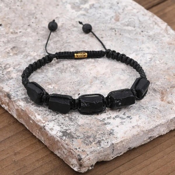 Pulsera Ajustable De Turmalina Negra Natural Para Hombre Pulsera De Cuentas De Pepita De Turmalina Negro-image