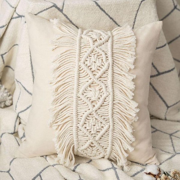Boho Poszewki Na Poduszki Z Makramy RęCznie Tkane Poszewki Na Poduszki Dekoracyjne Styl Wiejski Poszewka Na Poduszkę Z FręDzlami Do Wystroju Domu 45X45Cm Beige-image