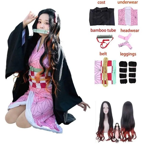 DorosłE Kobiety Anime Demon Slayer Kamado Nezuko Peruka Do Cosplay DłUgie KręCone Kostium Kimono Kostium Ubrania Dla Dzieci Dziewczyny S Black-image