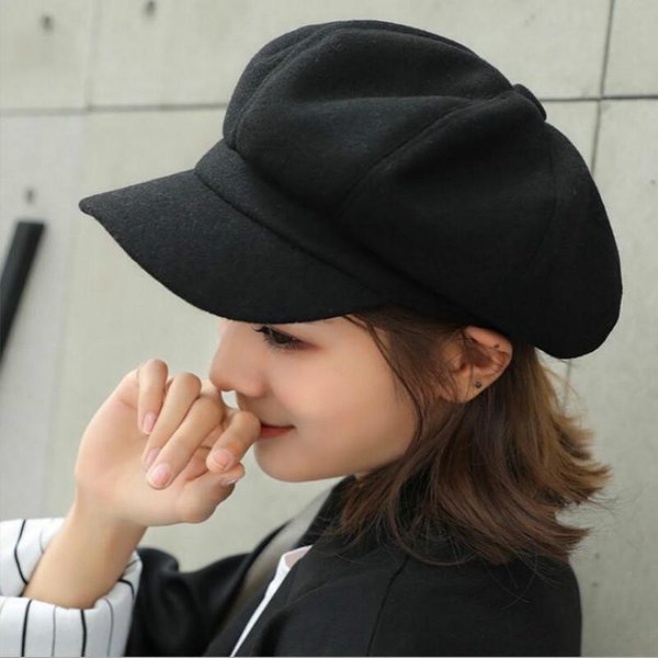 Damski WełNiany Beret Jesienno-Zimowy CiepłY OśMiokąTny Kapelusz Fashion Retro Newsboy Hats Czarny-image