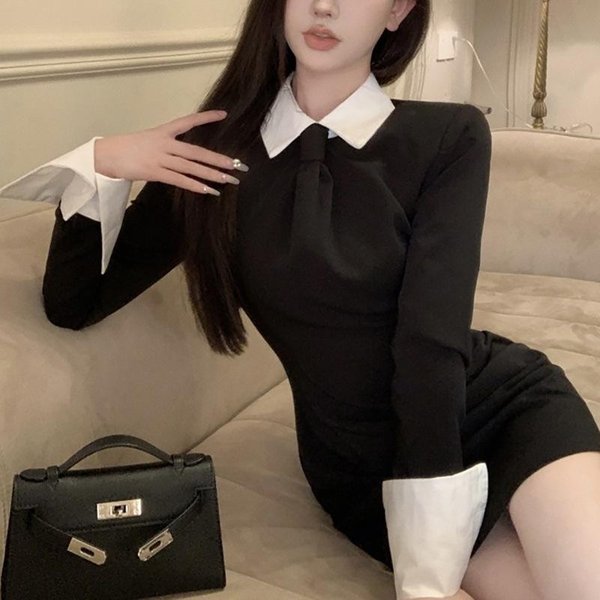 Vestido De Manga Larga Negro Estilo Xiaoxiang De Dos Piezas Falsas Para Mujer Primavera Y OtoñO Nuevo DiseñO Falda Corta Ajustada XL Negro-image