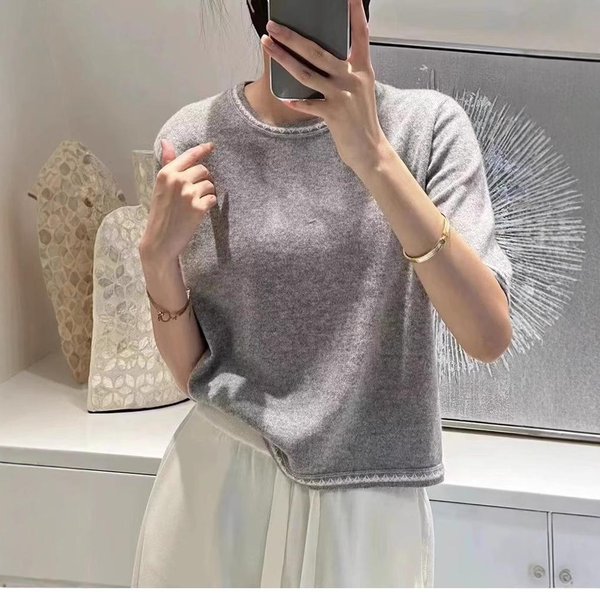 Dzianinowy T-Shirt Z KróTkim RęKawem Damski Wiosna I Lato Nowy Modny I Elegancki Wszechstronny T-Shirt Kontrastowy Styl Podkoszulek Top L Gray-image