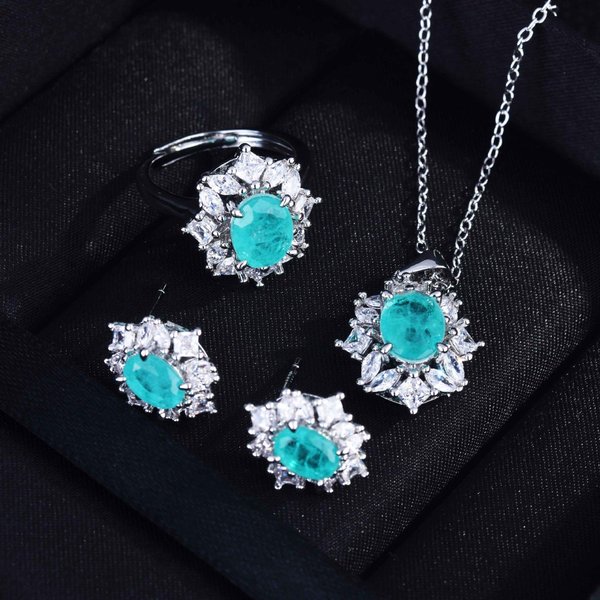 Zestaw BiżUterii Z Turmalinem Paraiba, OlśNiewająCy Kamień Szlachetny, Kolczyki, ObrąCzka śLubna, Naszyjnik, Srebro PróBy 925, Prezent 45Cm-image