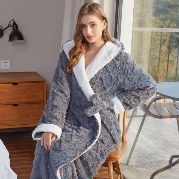Jesień Zima Damska DłUga Szata Pogrubiony Polar Koralowy Odzież Domowa CiepłA Bielizna Nocna Kimono Szlafrok Szata LuźNa Flanela Odzież Domowa M Szary-image