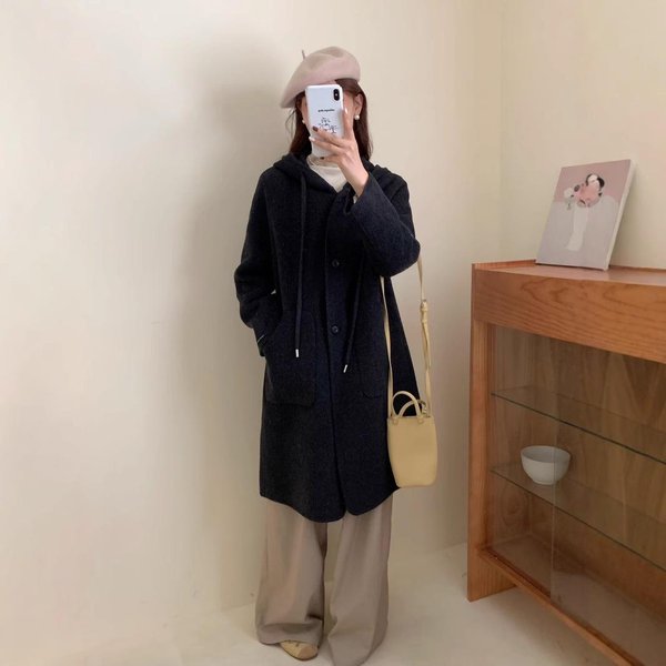 Abrigo De Cachemira De Doble Cara Estilo Universitario Que Reduce La Edad Para Mujer OtoñO E Invierno Con Capucha Monopeto CláSico Color SóLido Abrigo De Lana M Black-image
