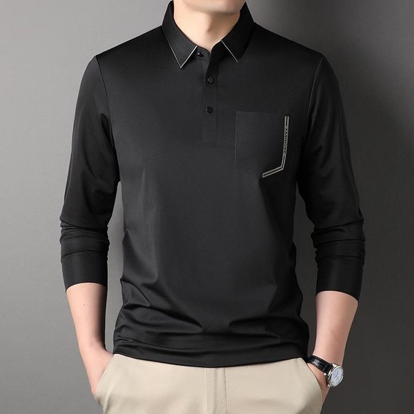 Camiseta De Color SóLido Con Cuello Lapel De Manga Larga Para Hombre, Nueva Tendencia De Primavera, Top Casual Guapo Xxxl-image