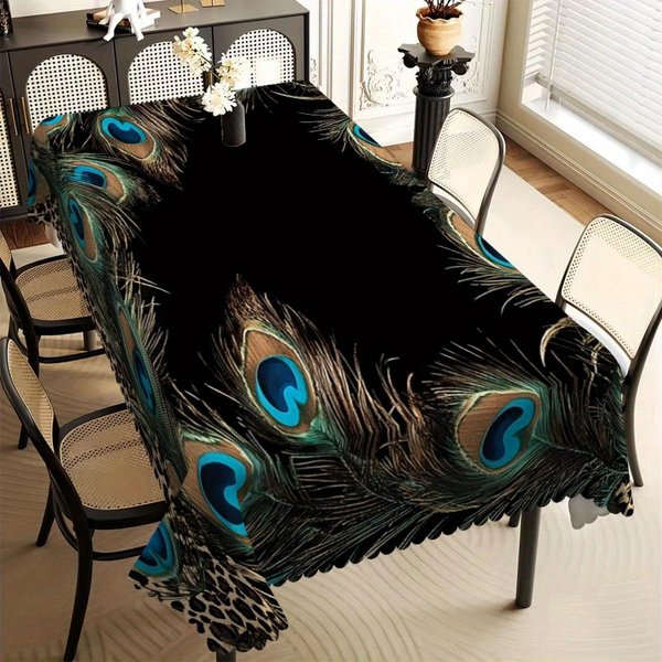 Elegancki Czarny Obrus Z Nadrukiem PióR Pawich, Falbankowy Brzeg, Plamoodporny Do Jadalni I Luksusowej Dekoracji Domu 140X160Cm-image