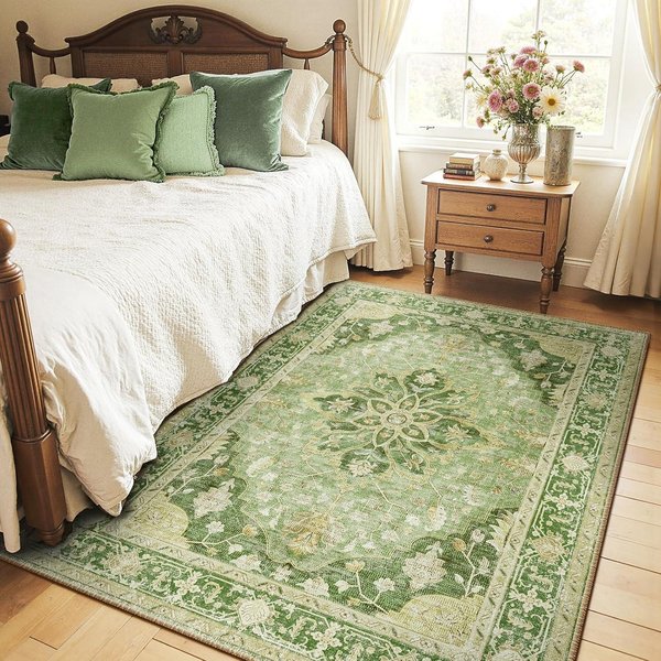 Boho Kwiatowy Dywanik Vintage Styl Perski Zielony Niebieski BiałY WzóR AntypośLizgowa Mata PodłOgowa Salon Sypialnia WystróJ Domu Dywan 120X160Cm-Felt-image