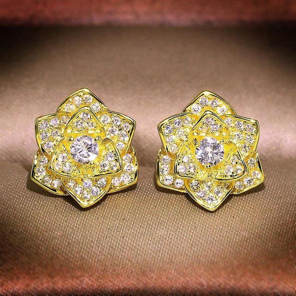 Huitan Pendientes De Flores FantasíA Mujer Color/Color Oro Pendientes De Tuerca De Lujo Con Circonita CúBica EstéTicos JoyeríA Nupcial Para Boda-image