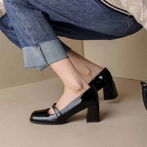 Zapatos De TacóN Alto Para Mujer Primavera Punta Cuadrada Zapatos De Boda TacóN Grueso Con Zapatos Mary Jane Zapatos Sexy Para Mujer 34 Black-image