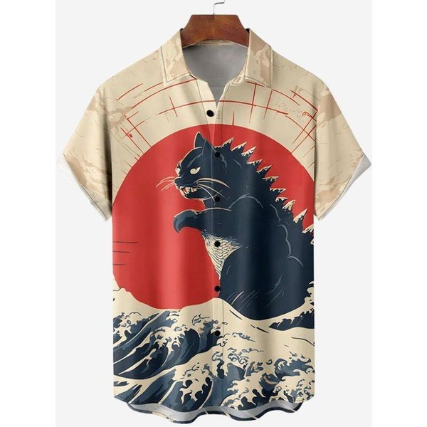 Retro Koszula Z KróTkim RęKawem Z Nadrukiem 3D Letnia Casualowa Zabawna Hawajska Ukiyo-E Kot ŁOwiąCy Rekina Koszula Z KołNierzykiem Z KróTkim RęKawem 2XL-image